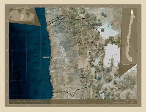 Tarapaca, Chile. High-res satellite. Labelled points of cities