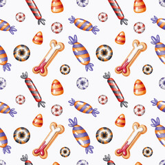 Seamless pattern with candies and various sweets on a white background. Watercolor illustration. Halloween. Holiday. Print on fabric and wrapping paper. Horror. Autumn. Design. Handmade work.