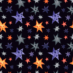 Seamless pattern with multicolored stars on a dark purple background. Watercolor illustration. Holidays. Print on fabric and wrapping paper. Design. Handmade work. Art. Bright. New Year. Birthday.