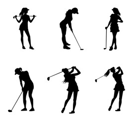 set of vector silhouette female professional golfer playing golf