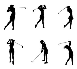 set of vector silhouette female professional golfer playing golf
