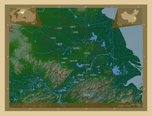 Anhui, China. Physical. Labelled points of cities