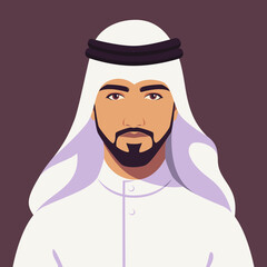 Portrait of bearded arab business man wearing UAE traditional dress. Oriental businessman. The guy in national clothes. Abstract male portrait, full face. Stock vector illustration in flat style.