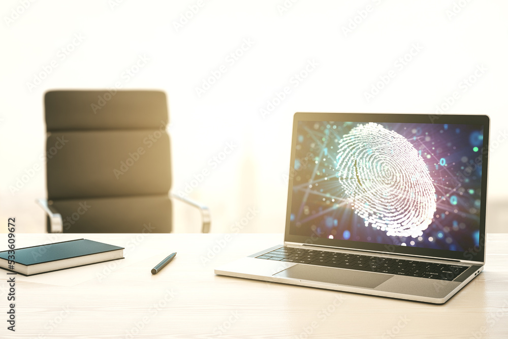 Poster computer monitor with abstract creative fingerprint illustration, personal biometric data concept. 3