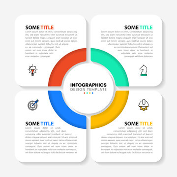 Infographic template. 4 squares with text around a circle with a title