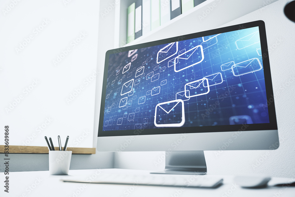 Poster Creative abstract postal envelopes hologram on modern computer monitor, email and notification concept. 3D Rendering