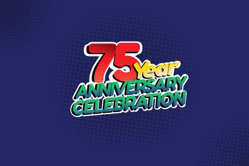 75 year anniversary celebration fun style logotype. anniversary logo with red, purple and blue color isolated on red background, vector design for celebration, invitation and greeting card - Vector
