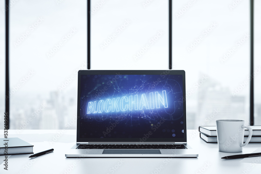 Poster creative concept of blockchain technology on modern laptop screen. digital money transfers and decen