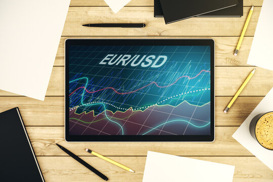 Creative EURO USD forex graph sketch on modern digital tablet screen, strategy and forecast concept. Top view. 3D Rendering