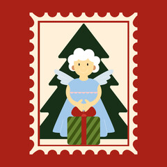 New Year's Eve or Christmas Eve. Beautiful vector vintage holiday greeting card. Image of an angel with a gift