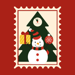 New Year's Eve or Christmas Eve. Beautiful vector vintage holiday greeting card. Image of a snowman and a christmas tree