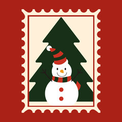 New Year's Eve or Christmas Eve. Beautiful vector vintage holiday greeting card. Image of a snowman and a christmas tree