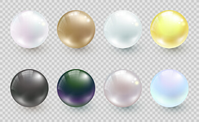 Realistic pearl set isolated on transparent background. Round white, grey, black pearl oyster, precious gem. Vector spherical pink, green, yellow 3D orb jewel with transparent glares and highlight