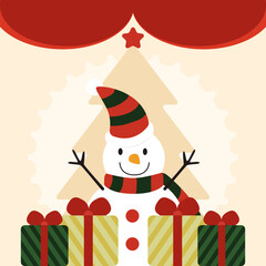 New Year's Eve or Christmas Eve. Beautiful vector vintage holiday greeting card. Image of a snowman on the background of gifts