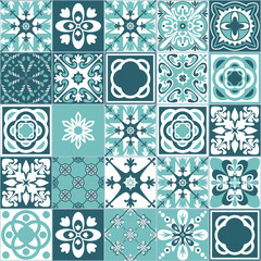Traditional portuguese ceramic tile seamless pattern, green mint white color, square geometric pattern for bathroom and kitchen wall decoration, traditional spanish design.