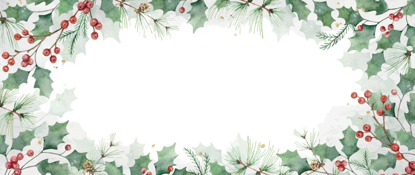 Watercolor Christmas vector background with green leaves and holly berries.