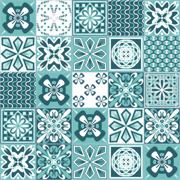 Traditional portuguese ceramic tile seamless pattern, green mint white color, square geometric pattern for bathroom and kitchen wall decoration, traditional spanish design.