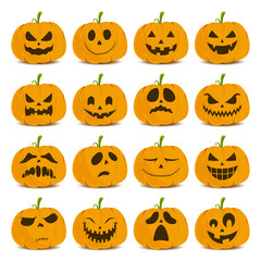 Collection of halloween pumpkin faces isolated on a white background. Halloween pumpkin expression set