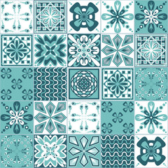 Mint green seamless pattern, spanish portuguese tile contrast vector illustration