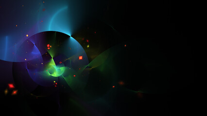 Abstract blue and green glowing shapes. Fantastic space background. Digital fractal art. 3d rendering.