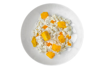 Breakfast of cottage cheese with peach and mango.Balanced, nutritious, tasty and nutritious food. Ready-made menu for a restaurant or for delivery. Isolated on a white background
