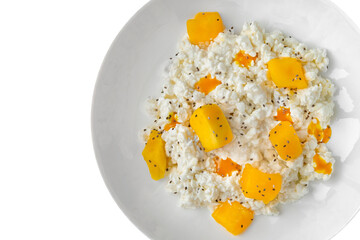 Breakfast of cottage cheese with peach and mango.Balanced, nutritious, tasty and nutritious food. Ready-made menu for a restaurant or for delivery. Isolated on a white background