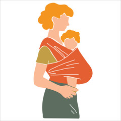 Mother wearing baby carrier. Woman with child in sling. Hand drawn vector illustration in abstract minimal style