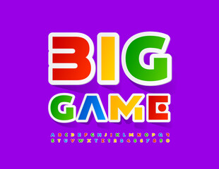 Vector colorful emblem Big Game. Bright sticker Font. Creative Alphabet Letters and Numbers set