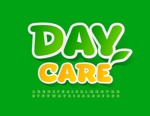 Vector funny emblem Day Care with decorative Leaf. Green sticker Font. Playful style Alphabet Letters and Numbers set
