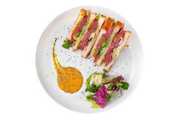 Ham sandwich. Balanced, nutritious, tasty and nutritious food. Ready-made menu for a restaurant or for delivery. Dish in a white plate isolated on a white background.