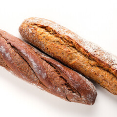 white and black baguette sliced   on white background