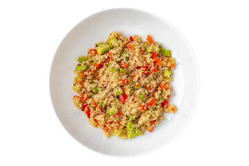 Millet porridge with vegetables. Balanced, nutritious, tasty and nutritious food. Ready-made menu for a restaurant or for delivery. Dish in a white plate isolated on a white background.