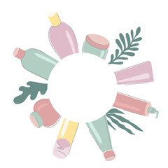Beauty products circle frame. Cosmetic bottles and tubes arranged in round shape. Hand drawn vector illustration