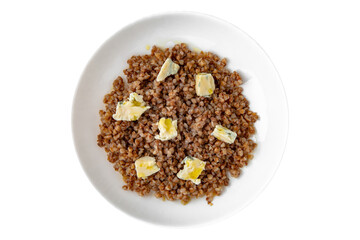 Boiled buckwheat with gorgonzola and olive oil. Balanced, nutritious, tasty and nutritious food. Ready-made menu for a restaurant or for delivery. Dish in a white plate isolated on a white background.