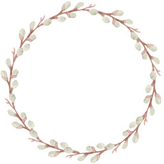 Watercolor illustration, simple willow frame isolated on white background. For various festive products, Easter, etc.