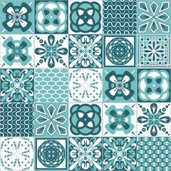 Azulejo talavera ceramic tile portuguese vintage pattern, green mint white background