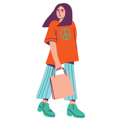 Woman with shopping bags. Female character carrying purchases. Hand drawn flat vector illustration