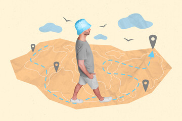 Composite collage picture image of calm funny walking tourist traveler adventure route map visit...