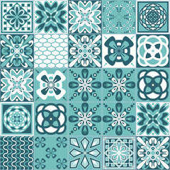 Azulejo talavera ceramic tile portuguese vintage pattern, green mint white background, vector illustration