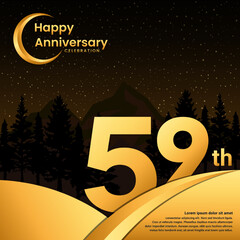 59th anniversary, Anniversary Celebration with golden text, isolated on mountains background, vector template illustration
