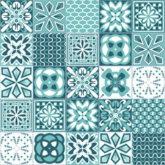 Azulejo talavera ceramic tile pattern, green mint white background, vector illustration
