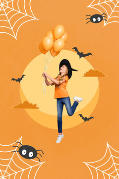 Vertical creative collage image of positive little woman witch hat costume flying hang air balloons present halloween party decoration