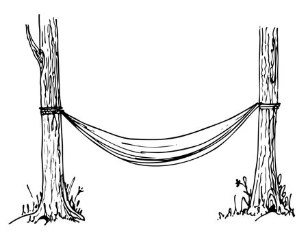 Drawing of camping Hammock. Vector hand drawn illustration for summer travel. Sketch on white isolated background