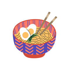 Bowl with ramen noodle soup and chopsticks. Hot meal with eggs and greens. Traditional popular asian food. Hand drawn colored vector illustration isolated on white background. Flat cartoon style