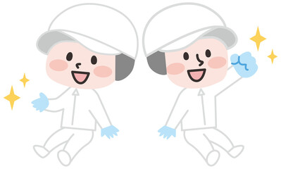 座っている白衣を着た作業員