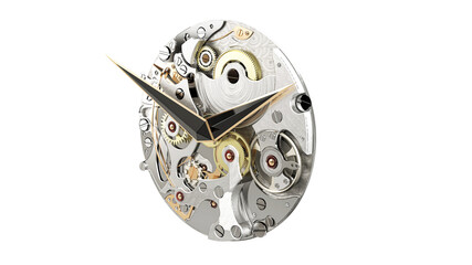 Clock without case, mechanisms and hands to measure time, 3d illustration, 3d rendering