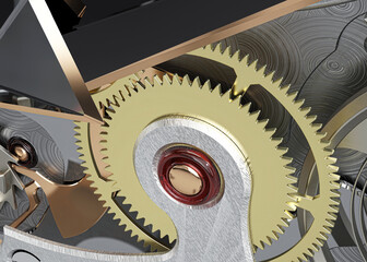 Clock without case, mechanisms and hands to measure time, 3d illustration, 3d rendering
