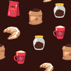 Vector hand drawn style coffee makers patten. Different kinds of coffee mugs, pots and coffee makers, glasses with macaroons, coffee beans and chocolate.Colorful, warm colors