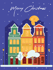 Merry Christmas. New Year's cute houses in the snow, urban buildings in the Scandinavian style. Panorama of cozy city with house exterior, Scandinavian architecture. City street with pipes, smoke.