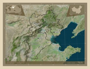 Hebei, China. High-res satellite. Labelled points of cities